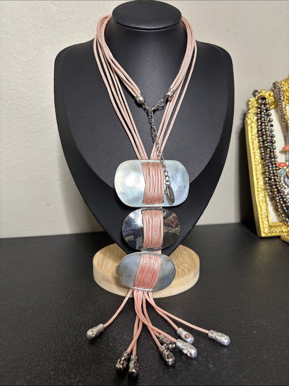 Jules Pink Multi-Strand Pendant Statement Boho Necklace Western Silver Accents